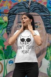 Unisex Classic Crew T-Shirt - 'Don't Stress Meowt' Cat Design | Playful Monochrome Graphic Tee with Sunglasses Cat & Hand-Drawn Text