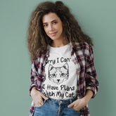 Unisex Classic Crew T-Shirt - Humorous Cat Lover Design | 'Sorry I Can't, I Have Plans With My Cat' | Monochrome Sketch Print on Light Tees | Casual & Playful Pet-Themed Apparel
