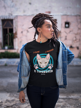 Unisex Classic Crew T-Shirt - Bold Cat Humor Design | 'I Came, I Purred, I Conquered' Sphynx Graphic in Pink, Teal, Orange & White