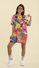 Cosmic Cartoon Carnival T-Shirt Dress – Colorful Abstract Funky Print for Women | Fun Graphic Dress with Pockets | Festival & Streetwear Style