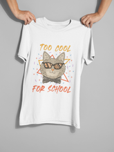 Unisex Classic Crew T-Shirt - 'TOO COOL FOR SCHOOL' Cat Design | Trendy Graphic Tee with Humorous Text & Retro Vibe | Vibrant Colors & Geometric Elements | Youthful, Fun, and Quirky Style