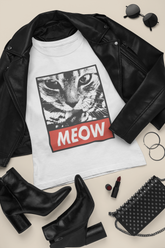 Unisex Classic Crew T-Shirt - Bold Cat Face & 'MEOW' Graphic Design in High-Contrast Black & White with Vibrant Red Accent