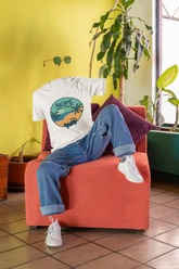 Unisex Classic Crew T-Shirt - 'NOPE NOT TODAY' Beach Scene with Cat | Vibrant Teal & Orange Circular Design