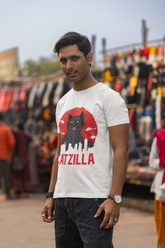 Unisex Classic Crew T-Shirt - 'CATZILLA' Retro Monster Movie Parody with Giant Cat Graphic in Bold Red, Black & Gray
