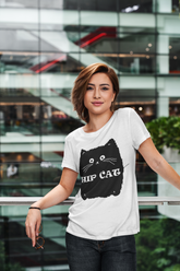Unisex Classic Crew T-Shirt with Quirky 'HIP CAT' Cartoon Design – Monochrome Humor & Style
