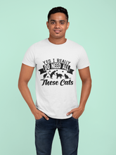 Humorous Cat Lover T-Shirt - 'Yes I Really Do Need All These Cats' Bold Graphic Design in Monochrome - Playful Cat Silhouettes & Heart Accents on Gray Unisex Crew Tee