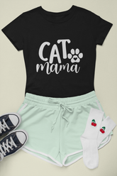 Female Classic Crew T-Shirt - 'CAT Mama' Playful Paw Print Design for Cat Lovers | Bold Text & Cursive Style