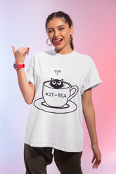 Unisex Classic Crew T-Shirt with 'KIT-TEA' Cat in Teacup Graphic – Playful Pun Design in Black