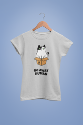 Go Away Human T-Shirt – Funny Grumpy Cat in Box Tee for Women