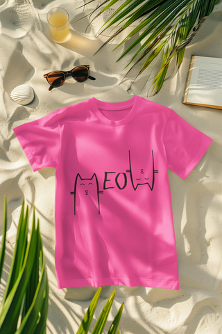 Unisex Minimalist Cat Graphic T-Shirt - 'MEOW' Design with Stylized Feline Faces