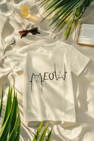 Unisex Minimalist Cat Graphic T-Shirt - 'MEOW' Design with Stylized Feline Faces