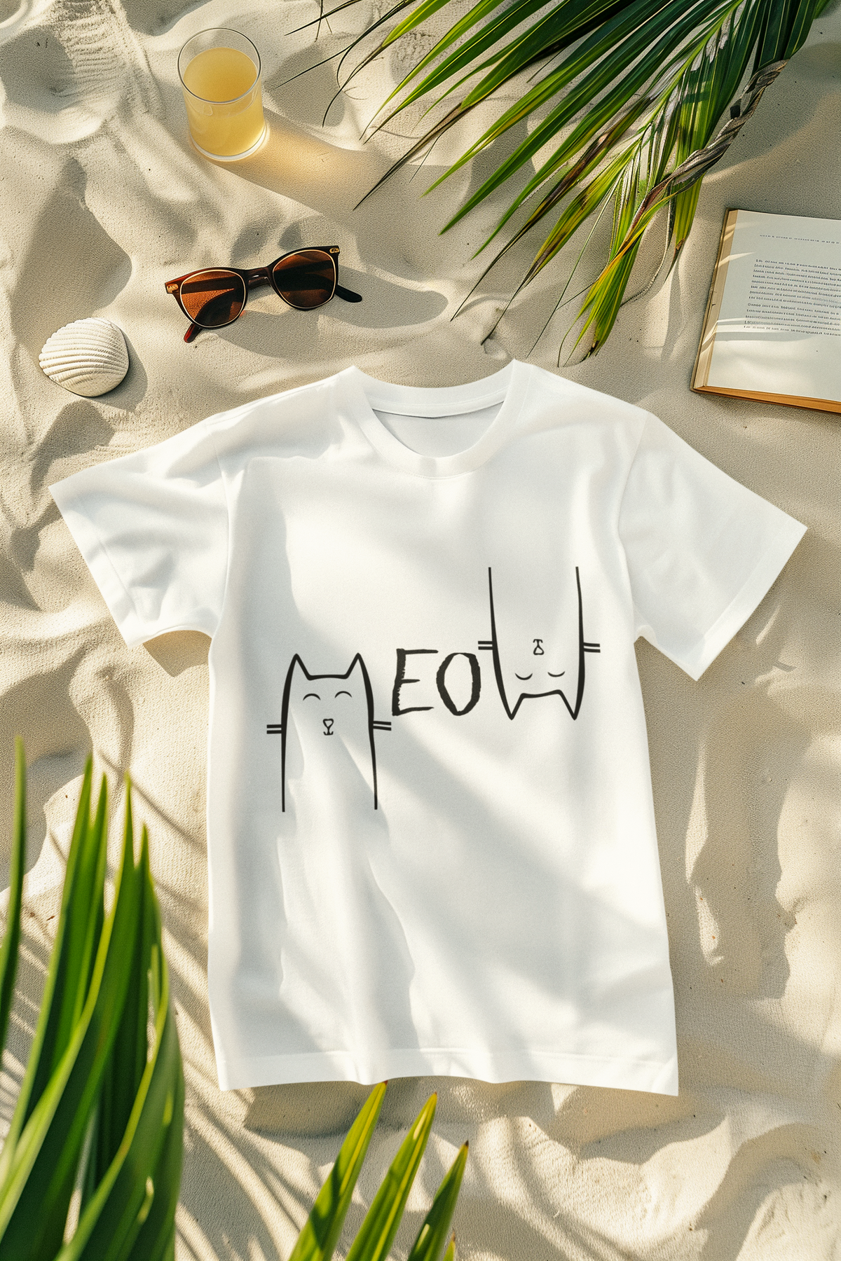 Unisex Minimalist Cat Graphic T-Shirt - 'MEOW' Design with Stylized Feline Faces