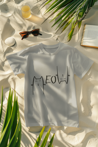 Unisex Minimalist Cat Graphic T-Shirt - 'MEOW' Design with Stylized Feline Faces