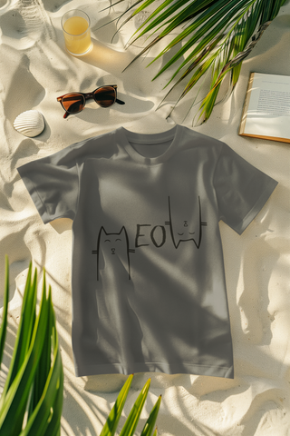 Unisex Minimalist Cat Graphic T-Shirt - 'MEOW' Design with Stylized Feline Faces