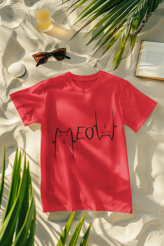 Unisex Minimalist Cat Graphic T-Shirt - 'MEOW' Design with Stylized Feline Faces