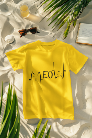 Unisex Minimalist Cat Graphic T-Shirt - 'MEOW' Design with Stylized Feline Faces