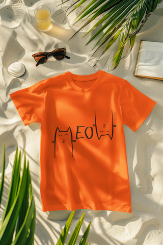 Unisex Minimalist Cat Graphic T-Shirt - 'MEOW' Design with Stylized Feline Faces