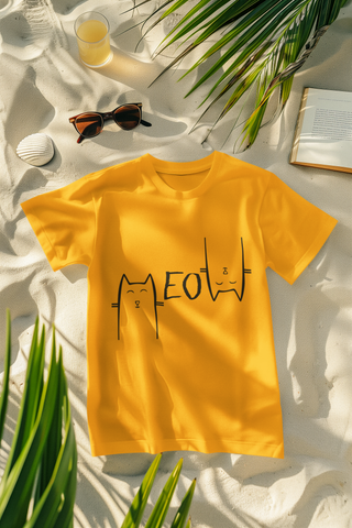 Unisex Minimalist Cat Graphic T-Shirt - 'MEOW' Design with Stylized Feline Faces