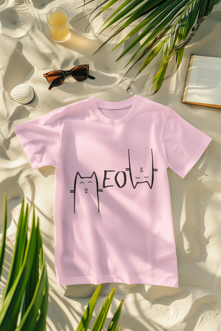 Unisex Minimalist Cat Graphic T-Shirt - 'MEOW' Design with Stylized Feline Faces
