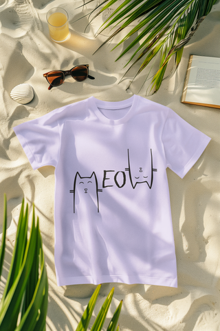 Unisex Minimalist Cat Graphic T-Shirt - 'MEOW' Design with Stylized Feline Faces