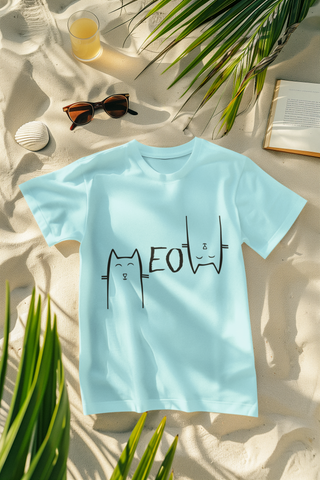 Unisex Minimalist Cat Graphic T-Shirt - 'MEOW' Design with Stylized Feline Faces