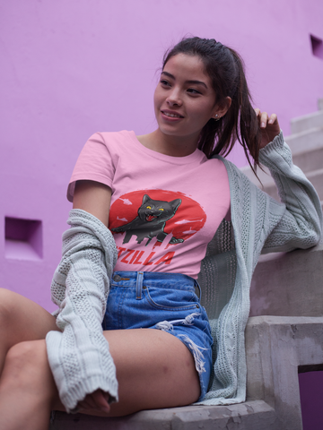 Unisex Classic Crew T-Shirt - 'CATZILLA' Retro Monster Movie Parody with Giant Cat Graphic in Bold Red, Black & Gray