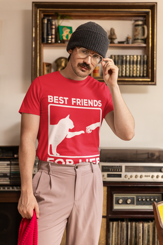 Unisex Classic Crew T-Shirt - 'Best Friends for Life' Cat & Human Fist Bump Graphic Tee | Monochrome Minimalist Design for Cat Lovers