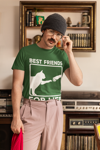 Unisex Classic Crew T-Shirt - 'Best Friends for Life' Cat & Human Fist Bump Graphic Tee | Monochrome Minimalist Design for Cat Lovers