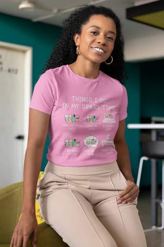 Unisex Classic Crew T-Shirt - Whimsical Cat Activities Design | Pastel Cartoon Humor on Dark Background