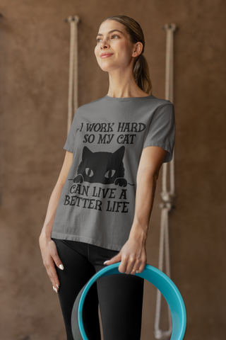 Unisex Classic Crew T-Shirt - Humorous Cat Lover Design | Bold Black Text & Whimsical Silhouette on Gray | Playful Pet-Themed Apparel