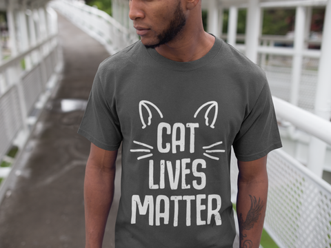 Unisex Classic Crew T-Shirt - 'CAT LIVES MATTER' Bold Vintage Design with Whimsical Cat Graphics, Monochrome Humor for Cat Lovers