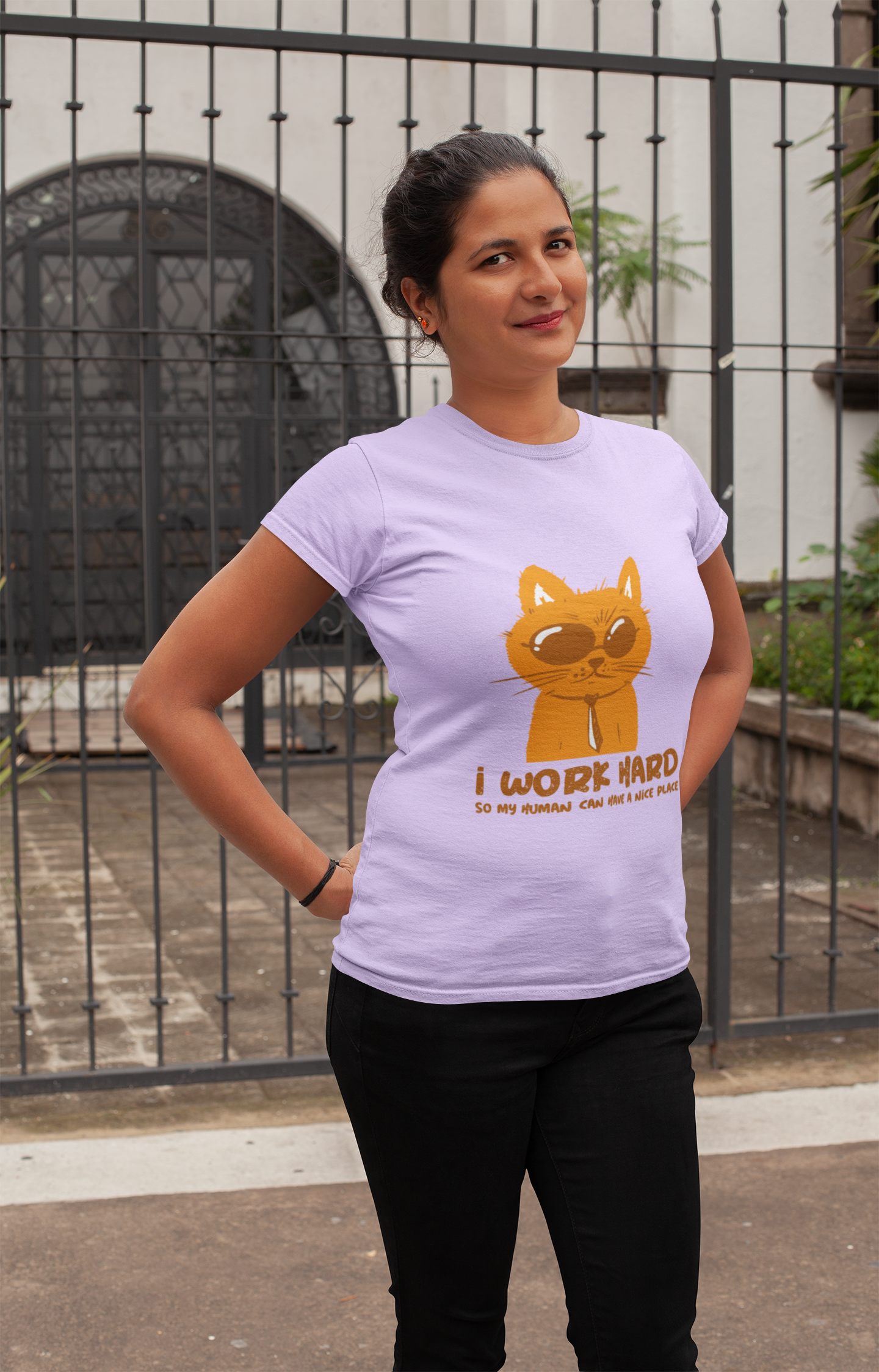 Funny Cat T-Shirt – I Work Hard So My Human Can Have a Nice Place – Women’s Tee