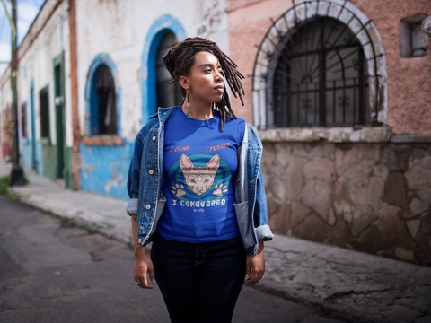 Unisex Classic Crew T-Shirt - Bold Cat Humor Design | 'I Came, I Purred, I Conquered' Sphynx Graphic in Pink, Teal, Orange & White