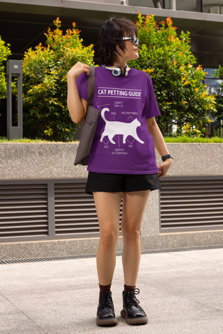Unisex Classic Crew T-Shirt - 'Cat Petting Guide' Infographic Humor Design, Black & White Silhouette for Cat Lovers