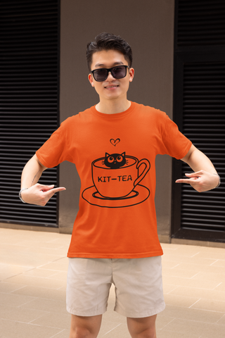 Unisex Classic Crew T-Shirt with 'KIT-TEA' Cat in Teacup Graphic – Playful Pun Design in Black