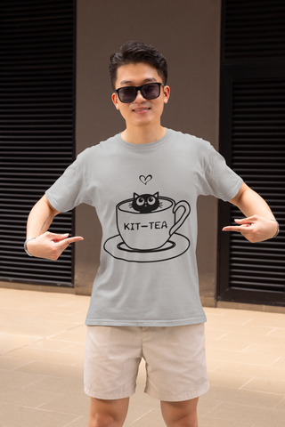 Unisex Classic Crew T-Shirt with 'KIT-TEA' Cat in Teacup Graphic – Playful Pun Design in Black