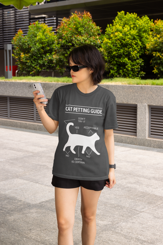 Unisex Classic Crew T-Shirt - 'Cat Petting Guide' Infographic Humor Design, Black & White Silhouette for Cat Lovers