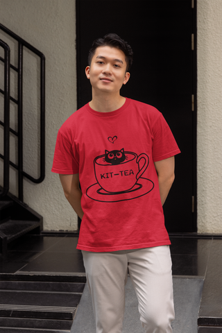 Unisex Classic Crew T-Shirt with 'KIT-TEA' Cat in Teacup Graphic – Playful Pun Design in Black