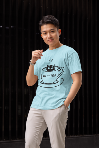 Unisex Classic Crew T-Shirt with 'KIT-TEA' Cat in Teacup Graphic – Playful Pun Design in Black
