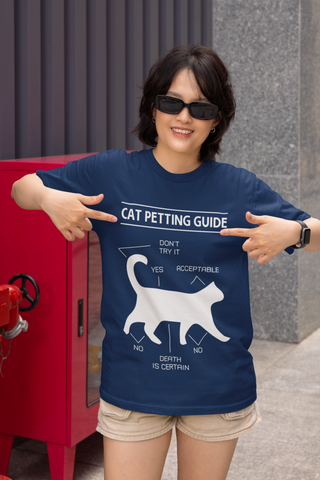 Unisex Classic Crew T-Shirt - 'Cat Petting Guide' Infographic Humor Design, Black & White Silhouette for Cat Lovers