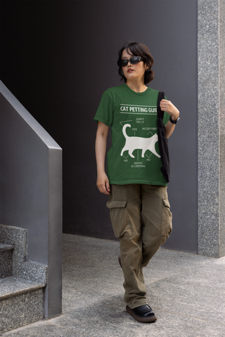 Unisex Classic Crew T-Shirt - 'Cat Petting Guide' Infographic Humor Design, Black & White Silhouette for Cat Lovers