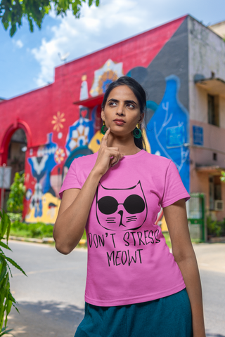 Unisex Classic Crew T-Shirt - 'Don't Stress Meowt' Cat Design | Playful Monochrome Graphic Tee with Sunglasses Cat & Hand-Drawn Text