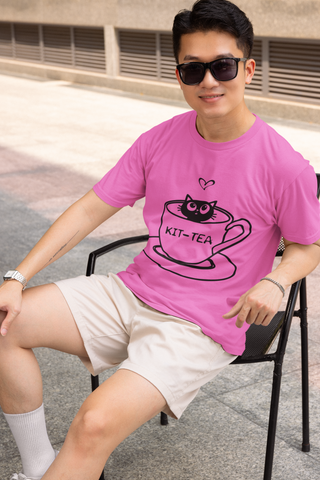 Unisex Classic Crew T-Shirt with 'KIT-TEA' Cat in Teacup Graphic – Playful Pun Design in Black