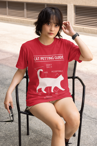 Unisex Classic Crew T-Shirt - 'Cat Petting Guide' Infographic Humor Design, Black & White Silhouette for Cat Lovers