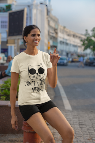 Unisex Classic Crew T-Shirt - 'Don't Stress Meowt' Cat Design | Playful Monochrome Graphic Tee with Sunglasses Cat & Hand-Drawn Text