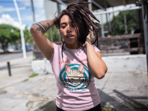 Unisex Classic Crew T-Shirt - Bold Cat Humor Design | 'I Came, I Purred, I Conquered' Sphynx Graphic in Pink, Teal, Orange & White