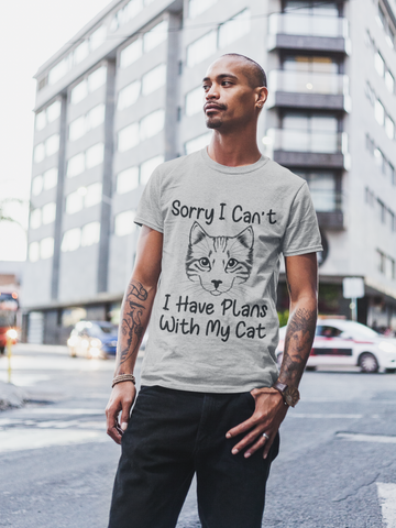 Unisex Classic Crew T-Shirt - Humorous Cat Lover Design | 'Sorry I Can't, I Have Plans With My Cat' | Monochrome Sketch Print on Light Tees | Casual & Playful Pet-Themed Apparel