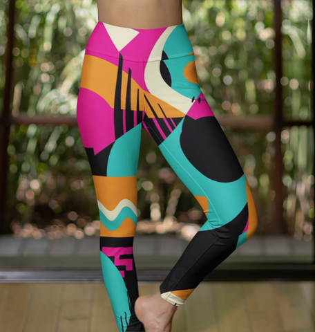 Women’s Vibrant Geometric Print Gym Leggings – High-Waist Stretch Workout Tights for Yoga, Gym & Athleisure, with Pocket