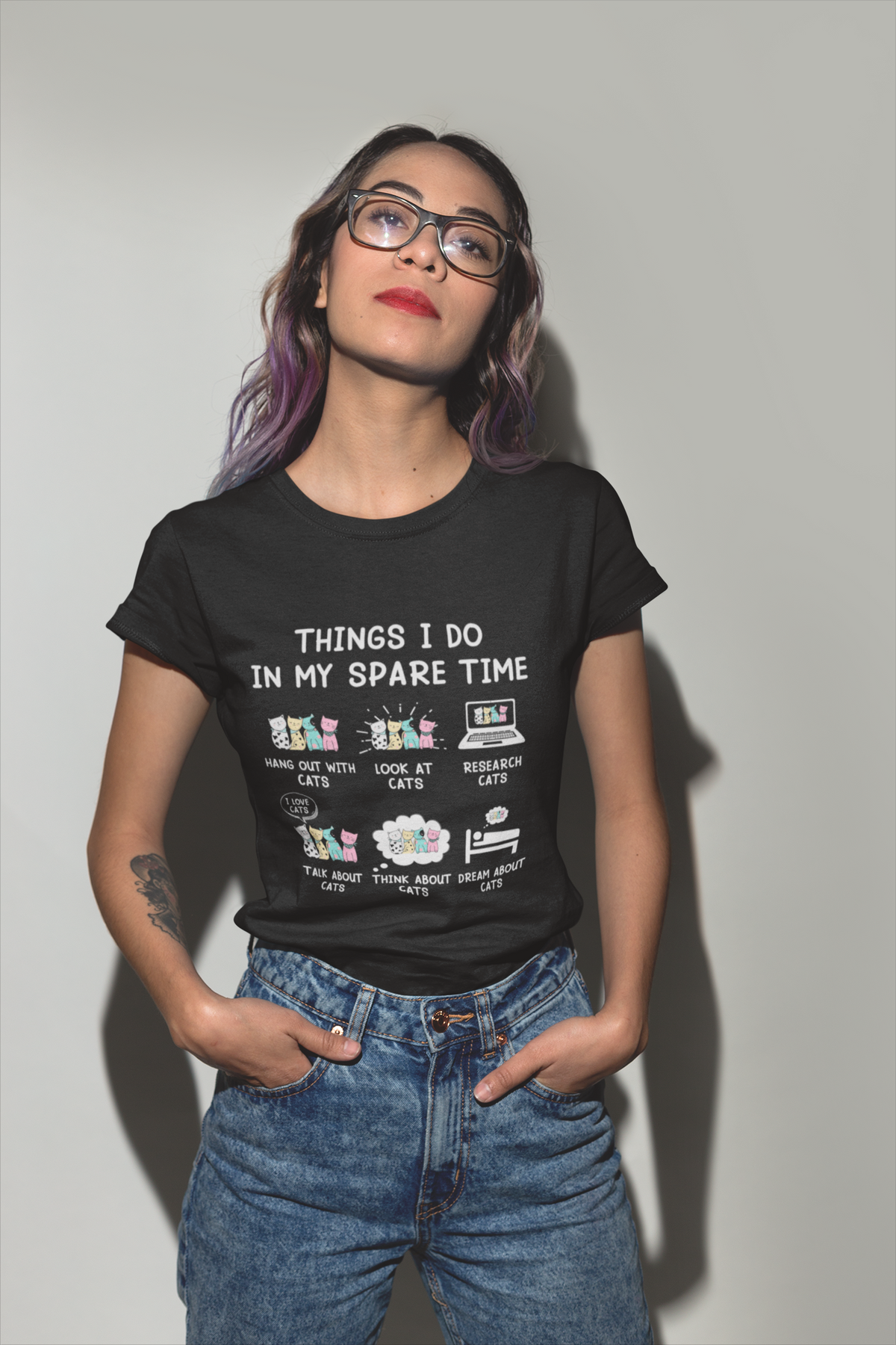 Unisex Classic Crew T-Shirt - Whimsical Cat Activities Design | Pastel Cartoon Humor on Dark Background