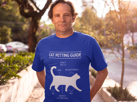 Unisex Classic Crew T-Shirt - 'Cat Petting Guide' Infographic Humor Design, Black & White Silhouette for Cat Lovers